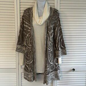 Chicos Olive/Cream Long Knitted Cardigan, One Button Close With Swirl Design